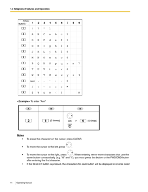 Page 441.3 Telephone Features and Operation
44 Operating Manual
 To enter Ann
Notes
 To erase the character on the cursor, press CLEAR.
 To move the cursor to the left, press  .
 To move the cursor to the right, press  . When entering two or more characters that use the 
same button consecutively (e.g. G and I), you must press this button or the FWD/DND button 
after entering the first character.
 If the SELECT button is pressed, the characters for each button will be displayed in reverse order.
Ann
6(5...