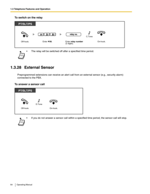 Page 641.3 Telephone Features and Operation
64 Operating Manual
To switch on the relay
1.3.28 External Sensor
Preprogrammed extensions can receive an alert call from an external sensor (e.g., security alarm) 
connected to the PBX.
To answer a sensor call
 The relay will be switched off after a specified time period.
 If you do not answer a sensor call within a specified time period, the sensor call will stop.
Off-hook.Enter relay number
(2 digits).
relay no.
PT/SLT/PS
C.Tone
Enter    56.
65
On-hook....