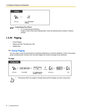 Page 821.3 Telephone Features and Operation
82 Operating Manual
1.3.40 Paging
– Group Paging
– Paging and then Transferring a Call
–Paging Deny
 Group Paging
You can make a voice announcement to proprietary telephones or external speakers or both in the preset 
group simultaneously. A person who has been paged can answer the page at any extension.
To  p a g e
Customizing Your Phone
 3.1.4 Customizing the Buttons
Create or edit a One-touch Dialing button, store the desired phone number or feature 
number.
 If...