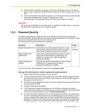 Page 151.2 PC Programming
PC Programming Manual 15
2.When the PBX is initialized, not all data is taken from the SD Memory Card. The data for 
present status of extension FWD/DND buttons is taken from battery backup memory in the 
PBX.
3.The PC will not perform any shutdown operation, or enter the power-saving system standby 
mode while the Maintenance Console is connected to the PBX.
 
To perform either of the operations above, first close the connection to the PBX.
CAUTION
Do not remove the SD Memory Card...