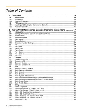 Page 44 PC Programming Manual
Table of Contents
1 Overview..................................................................................................9
1.1 Introduction ....................................................................................................................10
1.1.1 Introduction ......................................................................................................................10
1.1.2 Entering Characters...