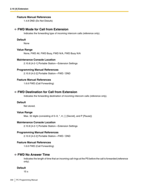 Page 3302.10 [4] Extension
330 PC Programming Manual
Feature Manual References
1.4.8 DND (Do Not Disturb)
FWD Mode for Call from Extension
Indicates the forwarding type of incoming intercom calls (reference only).
Default
None
Value Range
None, FWD All, FWD Busy, FWD N/A, FWD Busy N/A
Maintenance Console Location
2.10.8 [4-2-1] Portable Station—Extension Settings
Programming Manual References
2.10.9 [4-2-2] Portable Station—FWD / DND
Feature Manual References
1.6.6 FWD (Call Forwarding)
FWD Destination for Call...