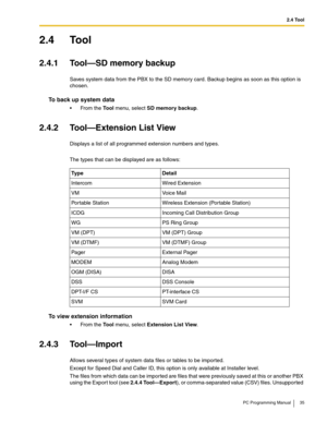 Page 352.4 Tool
PC Programming Manual 35
2.4 Tool
2.4.1 Tool—SD memory backup
Saves system data from the PBX to the SD memory card. Backup begins as soon as this option is 
chosen.
To back up system data
 From the To o l menu, select SD memory backup.
2.4.2 Tool—Extension List View
Displays a list of all programmed extension numbers and types.
The types that can be displayed are as follows:
To view extension information
 From the To o l menu, select Extension List View.
2.4.3 Tool—Import
Allows several types...