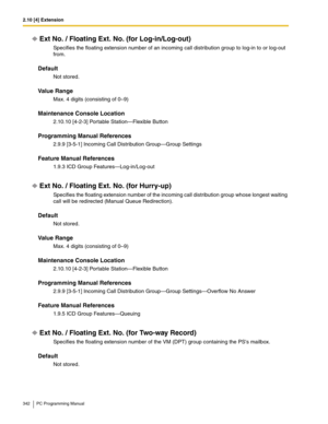 Page 3422.10 [4] Extension
342 PC Programming Manual
Ext No. / Floating Ext. No. (for Log-in/Log-out)
Specifies the floating extension number of an incoming call distribution group to log-in to or log-out 
from.
Default
Not stored.
Value Range
Max. 4 digits (consisting of 0–9)
Maintenance Console Location
2.10.10 [4-2-3] Portable Station—Flexible Button
Programming Manual References
2.9.9 [3-5-1] Incoming Call Distribution Group—Group Settings
Feature Manual References
1.9.3 ICD Group Features—Log-in/Log-out
Ext...