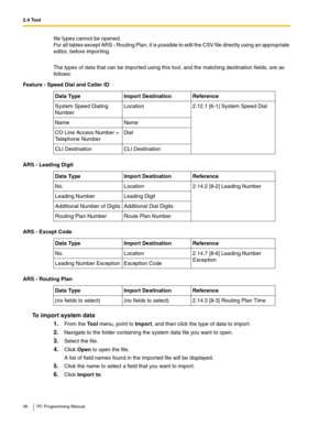 Page 362.4 Tool
36 PC Programming Manual
file types cannot be opened. 
For all tables except ARS - Routing Plan, it is possible to edit the CSV file directly using an appropriate 
editor, before importing.
The types of data that can be imported using this tool, and the matching destination fields, are as 
follows:
To import system data
1.From the Tool menu, point to Import, and then click the type of data to import.
2.Navigate to the folder containing the system data file you want to open.
3.Select the file....