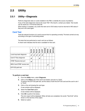 Page 412.5 Utility
PC Programming Manual 41
2.5 Utility
2.5.1 Utility—Diagnosis
Performs diagnostic tests on cards installed in the PBX, to identify the source of problems.
If any of the tests listed here returns the result NG (No Good), contact your dealer. Test results 
can be saved as a TXT-format (text) file.
When testing is complete, any cards that were set to OUS status must be returned to INS status if 
they are to be used again.
Card Test
Tests the relevant functions of a card to ensure that it is...