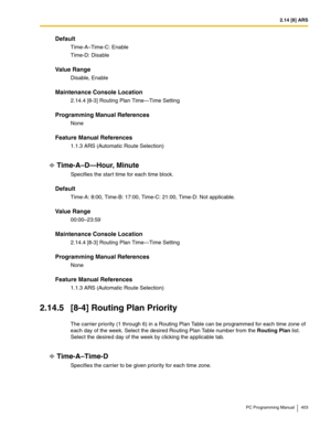 Page 4032.14 [8] ARS
PC Programming Manual 403
Default
Time-A–Time-C: Enable
Time-D: Disable
Value Range
Disable, Enable
Maintenance Console Location
2.14.4 [8-3] Routing Plan Time—Time Setting
Programming Manual References
None
Feature Manual References
1.1.3 ARS (Automatic Route Selection)
Time-A–D—Hour, Minute
Specifies the start time for each time block.
Default
Time-A: 8:00, Time-B: 17:00, Time-C: 21:00, Time-D: Not applicable.
Value Range
00:00–23:59
Maintenance Console Location
2.14.4 [8-3] Routing Plan...