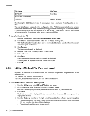 Page 442.5 Utility
44 PC Programming Manual
Downloading the DSSYS system data file allows you to make a backup of the configuration of the 
PBX.
The error data files are snapshots of the configuration of the PBX taken automatically when a major 
error causes a system reset. They can be analysed by your dealer to identify the source of a problem. 
If there is only one error data file, its name will be $SYSERR. If there is more than one file, the files 
will be numbered in chronological order, up to a maximum of...