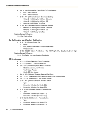 Page 4423.1 Feature Programming References
442 PC Programming Manual
2.8.10 [2-6-3] Numbering Plan—B/NA DND Call Feature
– BSS / DND Override
– BSS / DND Override-2
2.10.1 [4-1-1] Wired Extension—Extension Settings
– Option 2—C. Waiting for Call from Extension
– Option 2—C. Waiting for Call from CO
– Option 4—Call Waiting Tone Type
2.10.8 [4-2-1] Portable Station—Extension Settings
– Option 2—C. Waiting for Call from Extension
– Option 2—C. Waiting for Call from CO
– Option 4—Call Waiting Tone Type
Feature...