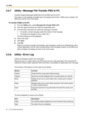 Page 462.5 Utility
46 PC Programming Manual
2.5.7 Utility—Message File Transfer PBX to PC
Transfers Outgoing Message (OGM) files from the MSG card to the PC.
This option is only available at Installer level, and requires that at least 1 MSG card is installed. The 
MSG card must be set to OUS status.
To transfer OGMs to the PC
1.From the Utility menu, select Message File Transfer PBX to PC.
2.From the upper drop-down list, select the target MSG card.
3.From the lower drop-down list, select the messages to...