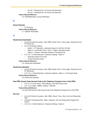 Page 4513.1 Feature Programming References
PC Programming Manual 451
– Ext. No. / Floating Ext No. (for Group Fwd (External))
– Ext. No. / Floating Ext No. (for Group Fwd (Internal))
Feature Manual Reference
1.6.7 FWD/DND Button, Group FWD Button
G
Group Features
2.9 [3] Group
Feature Manual Reference
1.7.1 GROUP FEATURES
H
Hands-free Answerback
2.8.4 [2-3] Timers & Counters—Dial / IRNA / Recall / Tone—Tone Length—Reorder Tone for 
PT Hands-free
2.8.17 [2-9] System Options
– Option 1—PT Operation—Automatic...