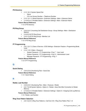 Page 4593.1 Feature Programming References
PC Programming Manual 459
PS Directory
2.12.1 [6-1] System Speed Dial
– Name
– CO Line Access Number + Telephone Number
2.10.1 [4-1-1] Wired Extension—Extension Settings—Main—Extension Name
2.10.8 [4-2-1] Portable Station—Extension Settings—Main—Extension Name
Feature Manual Reference
1.13.12 PS Directory
PS Ring Group
2.9.9 [3-5-1] Incoming Call Distribution Group—Group Settings—Main—Distribution 
Method
2.9.20 [3-9] PS Ring Group
2.9.21 [3-9] PS Ring...