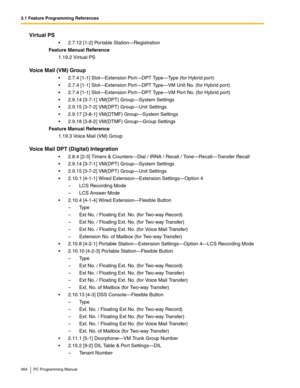 Page 4643.1 Feature Programming References
464 PC Programming Manual
Virtual PS
2.7.12 [1-2] Portable Station—Registration
Feature Manual Reference
1.19.2 Virtual PS
Voice Mail (VM) Group
2.7.4 [1-1] Slot—Extension Port—DPT Type—Type (for Hybrid port)
2.7.4 [1-1] Slot—Extension Port—DPT Type—VM Unit No. (for Hybrid port)
2.7.4 [1-1] Slot—Extension Port—DPT Type—VM Port No. (for Hybrid port)
2.9.14 [3-7-1] VM(DPT) Group—System Settings
2.9.15 [3-7-2] VM(DPT) Group—Unit Settings
2.9.17 [3-8-1] VM(DTMF)...