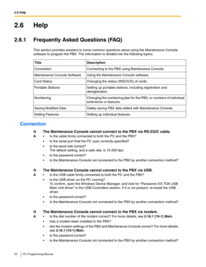 Page 502.6 Help
50 PC Programming Manual
2.6 Help
2.6.1 Frequently Asked Questions (FAQ)
This section provides answers to some common questions about using the Maintenance Console 
software to program the PBX. The information is divided into the following topics:
Connection
TitleDescription
ConnectionConnecting to the PBX using Maintenance Console.
Maintenance Console SoftwareUsing the Maintenance Console software.
Card StatusChanging the status (INS/OUS) of cards.
Portable StationsSetting up portable stations,...