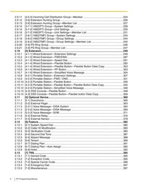 Page 66 PC Programming Manual
2.9.11 [3-5-4] Incoming Call Distribution Group—Member .......................................................224
2.9.12 [3-6] Extension Hunting Group .......................................................................................226
2.9.13 [3-6] Extension Hunting Group—Member List ...............................................................227
2.9.14 [3-7-1] VM(DPT) Group—System Settings ....................................................................228
2.9.15...