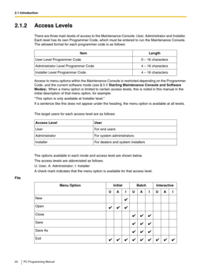 Page 202.1 Introduction
20 PC Programming Manual
2.1.2 Access Levels
There are three main levels of access to the Maintenance Console: User, Administrator and Installer. 
Each level has its own Programmer Code, which must be entered to run the Maintenance Console. 
The allowed format for each programmer code is as follows:
Access to menu options within the Maintenance Console is restricted depending on the Programmer 
Code, and the current software mode (see 2.1.1 Starting Maintenance Console and Software...