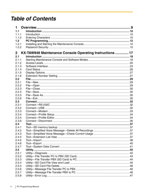 Page 44 PC Programming Manual
Table of Contents
1 Overview.................................................................................................. 9
1.1 Introduction .................................................................................................................... 10
1.1.1 Introduction ...................................................................................................................... 10
1.1.2 Entering Characters...