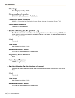 Page 3082.10 [4] Extension
308 PC Programming Manual
Value Range
Max. 5 digits (consisting of 0–9)
Maintenance Console Location
2.10.4 [4-1-4] Wired Extension—Flexible Button
Programming Manual References
2.9.9 [3-5-1] Incoming Call Distribution Group—Group Settings—Group Log / Group FWD
Feature Manual References
1.6.6 FWD (Call Forwarding)
Ext. No. / Floating Ext. No. (for Call Log)
Specifies the extensions own number or the floating extension number of an incoming call distribution 
group for which call log...