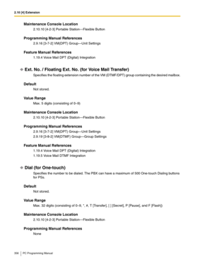 Page 3562.10 [4] Extension
356 PC Programming Manual
Maintenance Console Location
2.10.10 [4-2-3] Portable Station—Flexible Button
Programming Manual References
2.9.16 [3-7-2] VM(DPT) Group—Unit Settings
Feature Manual References
1.19.4 Voice Mail DPT (Digital) Integration
Ext. No. / Floating Ext. No. (for Voice Mail Transfer)
Specifies the floating extension number of the VM (DTMF/DPT) group containing the desired mailbox.
Default
Not stored.
Value Range
Max. 5 digits (consisting of 0–9)
Maintenance Console...