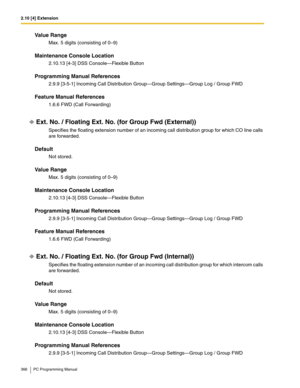 Page 3662.10 [4] Extension
366 PC Programming Manual
Value Range
Max. 5 digits (consisting of 0–9)
Maintenance Console Location
2.10.13 [4-3] DSS Console—Flexible Button
Programming Manual References
2.9.9 [3-5-1] Incoming Call Distribution Group—Group Settings—Group Log / Group FWD
Feature Manual References
1.6.6 FWD (Call Forwarding)
Ext. No. / Floating Ext. No. (for Group Fwd (External))
Specifies the floating extension number of an incoming call distribution group for which CO line calls 
are forwarded....