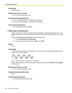 Page 3862.11 [5] Optional Device
386 PC Programming Manual
Value Range
Disable, Enable
Maintenance Console Location
2.11.5 [5-3-3] Voice Message—SVM
Programming Manual References
2.10.7 [4-1-6] Wired Extension—Simplified Voice Message
2.10.12 [4-2-4] Portable Station—Simplified Voice Message
Feature Manual References
1.16.5 SVM (Simplified Voice Message)
SVM Cyclic Tone Detection
Selects the cyclic tone detection mode. Cyclic tone detection is used to determine the end of a call 
when an extension user records a...