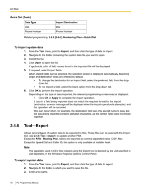 Page 402.4 Tool
40 PC Programming Manual
Related programming: 2.8.9 [2-6-2] Numbering Plan—Quick Dial
To import system data
1.
From the Tool menu, point to Import, and then click the type of data to import.
2.Navigate to the folder containing the system data file you want to open.
3.Select the file.
4.Click Open to open the file.
If applicable, a list of field names found in the imported file will be displayed.
5.If required, select import fields.
When import fields can be selected, the selection screen is...