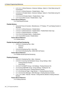 Page 4623.2 Feature Programming References
462 PC Programming Manual
 2.10.1 [4-1-1] Wired Extension—Extension Settings—Option 6—Flash Mode during CO 
Conversation
 2.10.4 [4-1-4] Wired Extension—Flexible Button—Type
 2.10.8 [4-2-1] Portable Station—Extension Settings—Option 6—Flash Mode during CO 
Conversation
 2.10.10 [4-2-3] Portable Station—Flexible Button—Type
 2.10.13 [4-3] DSS Console—Flexible Button—Type
Feature Manual Reference
1.6.2 Flash/Recall/Terminate
Flexible Buttons
 2.8.4 [2-3] Timers &...