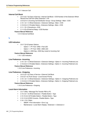 Page 4683.2 Feature Programming References
468 PC Programming Manual
1.9.11 Intercom Call
Internal Call Block
 2.8.13 [2-7-3] Class of Service—Internal Call Block—COS Number of the Extension Which 
Receive the Call from Other Extension 1–64
 2.9.9 [3-5-1] Incoming Call Distribution Group—Group Settings—Main—COS
 2.10.1 [4-1-1] Wired Extension—Extension Settings—Main—COS
 2.10.8 [4-2-1] Portable Station—Extension Settings—Main—COS
 2.11.1 [5-1] Doorphone—COS
 2.11.6 [5-4] External Relay—COS Number
Feature...