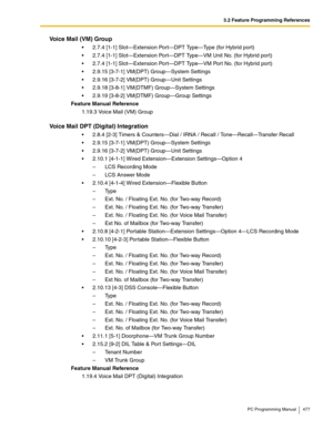 Page 4773.2 Feature Programming References
PC Programming Manual 477
Voice Mail (VM) Group
 2.7.4 [1-1] Slot—Extension Port—DPT Type—Type (for Hybrid port)
 2.7.4 [1-1] Slot—Extension Port—DPT Type—VM Unit No. (for Hybrid por t)
 2.7.4 [1-1] Slot—Extension Port—DPT Type—VM Port No. (for Hybrid port)
 2.9.15 [3-7-1] VM(DPT) Group—System Settings
 2.9.16 [3-7-2] VM(DPT) Group—Unit Settings
 2.9.18 [3-8-1] VM(DTMF) Group—System Settings
 2.9.19 [3-8-2] VM(DTMF) Group—Group Settings
Feature Manual Reference...