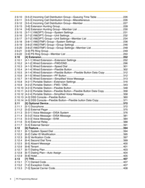 Page 66 PC Programming Manual
2.9.10 [3-5-2] Incoming Call Distribution Group—Queuing Time Table .................................... 226
2.9.11 [3-5-3] Incoming Call Distribution Group—Miscellaneous.............................................. 226
2.9.12 [3-5-4] Incoming Call Distribution Group—Member ....................................................... 227
2.9.13 [3-6] Extension Hunting Group ....................................................................................... 228
2.9.14 [3-6]...