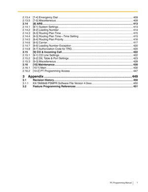 Page 7PC Programming Manual 7
2.13.4 [7-4] Emergency Dial .....................................................................................................409
2.13.5 [7-5] Miscellaneous ........................................................................................................ 409
2.14 [8] ARS .......................................................................................................................... 413
2.14.1 [8-1] System Settings...