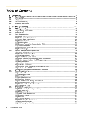 Page 44 PT Programming Manual
Table of Contents
1 Overview..................................................................................................7
1.1 Introduction ......................................................................................................................8
1.1.1 Introduction ........................................................................................................................8
1.1.2 Password...