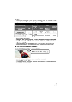 Page 1313VQT4T51
≥El tiempo entre paréntesis es el tiempo de carga cuando esta unidad está conectada a una PC, 
una grabadora de disco Blu-ray Panasonic o grabadora de DVD.
≥ Estos tiempos son aproximados.
≥ El tiempo de carga indicado sirve para cuando la batería se haya agotado totalmente. El 
tiempo de carga y el de grabación varían según las condiciones de utilización como la 
temperatura alta y baja.
≥ El tiempo de grabación real se refiere al tiempo de grabación cuando se inicia/interrumpe 
repetidamente...