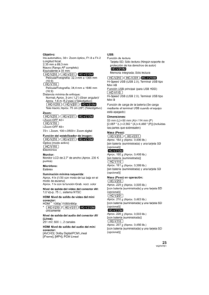Page 2323VQT4T51
Objetivo:
Iris automático, 38k Zoom óptico, F1.8 a F4.2
Longitud focal;
2,35 mm a 89,3 mm
Macro (Rango AF completo)
Equivalente a 35 mm;
//
Película/Fotografía; 32,3 mm a 1365 mm 
(16:9)
Película/Fotografía; 34,4 mm a 1646 mm 
(16:9)
Distancia mínima de enfoque; Normal; Aprox. 3 cm (1,2 q) (Gran angular)/
Aprox. 1,6 m (5,2 pies) (Teleobjetivo) //
Tele macro; Aprox. 70 cm (28 q) (Teleobjetivo)
Zoom: //
i.Zoom OFF 42 k
i.Zoom OFF 48 k
72 k i.Zoom, 100 k/2500 k Zoom digital
Función del...