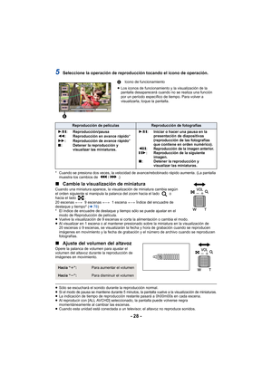 Page 28- 28 -
5Seleccione la operación de reproducción tocando el icono de operación.
* Cuando se presiona dos veces, la velocidad de avance/rebobinado rápido aumenta. (La pantalla 
muestra los cambios de  / .)
∫ Cambie la visualización de miniaturaCuando una miniatura aparece, la visualización de miniatura cambia según 
el orden siguiente si manipula la palanca del zoom hacia el lado   o 
hacia el lado  .
20 escenas  ()  9 escenas ()   1 escena () Índice del encuadre de 
destaque y tiempo* ( l78)
* El índice...