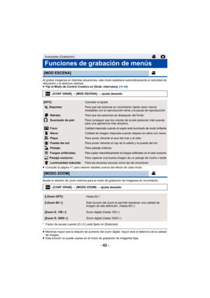 Page 62- 62 -
Al grabar imágenes en distintas situaciones, este modo establece automáticamente la velocidad de 
obturación y la abertura óptimas.
≥Fije el Modo de Control Creativo en [Grab. intervalos]. ( l44)
≥ Consulte la página  47 para obtener detalles acerca del efecto de cada modo.
Ajuste la relación de zoom máxima para el modo de grabación de imágenes en movimiento.
* Factor de escala cuando [O.I.S.] está fijado en [Estándar].
≥ Mientras mayor sea la relación de aumento del zoom digital, mayor será el...