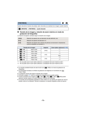 Page 73- 73 -
Cuanto más alto el número de píxeles, tanto más alta es la claridad de la imagen cuando imprime.
∫Tamaño de la imagen y relación de zoom máximo en modo de 
grabación de fotografías
La relación de aspecto cambiará según el tamaño de la imagen.
*1 No se puede usar el zoom óptico adicional. La ampliación del zoom máximo es 62 k.
*2 No se puede usar el zoom óptico adicional. La ampliación del zoom máximo es 50 k.
≥ Los ajustes predeterminados de esta función son [  10M] en el modo de grabación de...