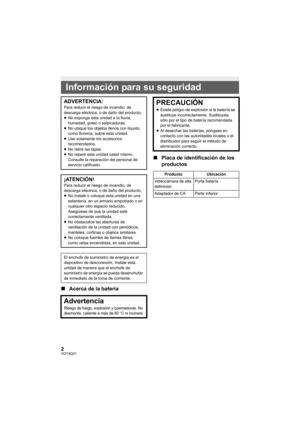 Page 22VQT4Q31
∫Acerca de la batería ∫
Placa de identificación de los 
productos
Información para su seguridad
ADVERTENCIA:Para reducir el riesgo de incendio, de 
descarga eléctrica, o de daño del producto,
≥No exponga esta unidad a la lluvia, 
humedad, goteo o salpicaduras.
≥ No ubique los objetos llenos con líquido, 
como floreros, sobre esta unidad.
≥ Use solamente los accesorios 
recomendados.
≥ No retire las tapas.
≥ No repare esta unidad usted mismo. 
Consulte la reparación del personal de 
servicio...