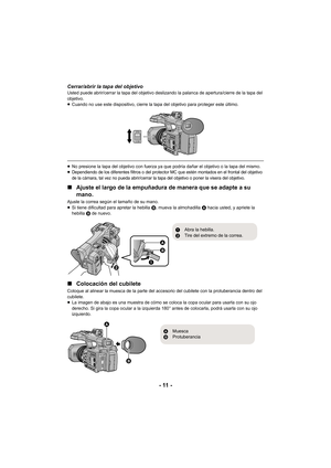 Page 11- 11 -
Cerrar/abrir la tapa del objetivoUsted puede abrir/cerrar la tapa del objetivo deslizando la palanca de apertura/cierre de la tapa del 
objetivo.
≥Cuando no use este dispositivo, cierre la tapa del objetivo para proteger este último.
≥No presione la tapa del objetivo con fuerza ya que podría dañar el objetivo o la tapa del mismo.
≥Dependiendo de los diferentes filtros o del protector MC que estén montados en el frontal del objetivo 
de la cámara, tal vez no pueda abrir/cerrar la tapa del objetivo...
