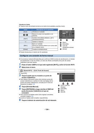 Page 124- 124 -
Introducir el texto
≥Toque el icono de entrada de texto en el centro de la pantalla y escriba el texto.
≥ Puede introducirse un máximo de 32 caracteres.
≥ Al conectarse mediante [Entrada Manual], confirme el SSID (nombre de identificación), el método 
de autenticación, el tipo de cifrado y la clave de cifrado (contraseña) del punto de acceso 
inalámbrico que está usando.
1Pulse el botón USER en el que esté registrado [Wi-Fi] y active la función Wi-Fi.
2Seleccione el menú.
≥Toque [OK].
3Toque la...