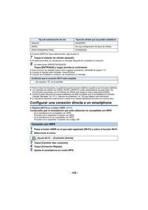 Page 125- 125 -
≥Cuando [WEP] se haya seleccionado, siga el paso 8.
7Toque el método de cifrado deseado.≥Si seleccionó [No], se visualizará un mensaje después de completar la conexión.
8(Al seleccionar [WEP]/[TKIP]/[AES])Toque [ENTRADA] y luego escriba la contraseña.≥Para conocer los detalles sobre cómo ingresar caracteres, consulte la página  124.
≥ Cuando el ingreso esté completo, toque [Entrar].
≥ Cuando se complete la conexión, se visualizará un mensaje.
≥Revise el manual de instrucciones y los ajustes de...