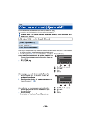 Page 129- 129 -
Configure diferentes ajustes necesarios para usar la función Wi-Fi.
No se pueden cambiar los ajustes mientras esté conectada a Wi-Fi.
1Pulse el botón USER en el que esté registrado [Wi-Fi] y active la función Wi-Fi.
2Seleccione el menú.
Consulte la página 120.
Puede agregar o eliminar puntos de acceso inalámbricos o cambiar el orden de visualización de los puntos de acceso inalámbricos .≥Se pueden configurar hasta 3 puntos de acceso inalámbricos.
≥ Consulte la página  122 para conocer los...