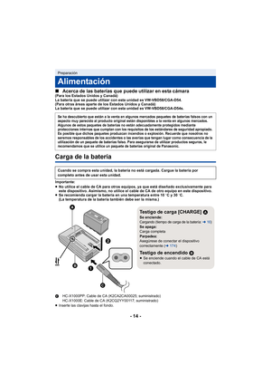 Page 14- 14 -
∫
Acerca de las baterías que puede utilizar en esta cámara
(Para los Estados Unidos y Canadá)
La batería que se puede utilizar con esta unidad es VW-VBD58/CGA-D54.
(Para otras áreas aparte de los Estados Unidos y Canadá)
La batería que se puede utilizar con esta unidad es VW-VBD58/CGA-D54s.
Carga de la batería
Importante:
≥No utilice el cable de CA para otros equipos, ya que está diseñado exclusivamente para 
este dispositivo. Asimismo, no utilice el cable de CA de otro equipo en este...