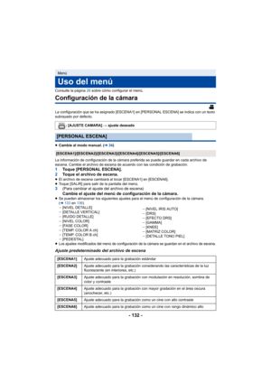 Page 132- 132 -
Consulte la página 28 sobre cómo configurar el menú.
Configuración de la cámara
La configuración que se ha asignado [ESCENA1] en [PERSONAL ESCENA] se indica con un texto 
subrayado por defecto.
≥Cambie al modo manual. ( l34)
La información de configuración de la cámara preferida se puede guardar en cada archivo de 
escena. Cambie el archivo de escena de acuerdo con las condición de grabación.
1 Toque [PERSONAL ESCENA].
2 Toque el archivo de escena.
≥El archivo de escena cambiará al tocar...