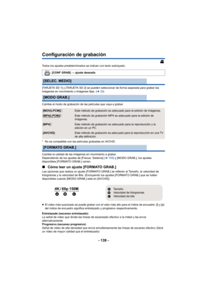 Page 139- 139 -
Configuración de grabación
Todos los ajustes predeterminados se indican con texto subrayado. 
[TARJETA SD 1] y [TARJETA SD 2] se pueden seleccionar de forma separada para grabar las 
imágenes en movimiento o imágenes fijas. (l30)
Cambie el modo de grabación de las películas que vaya a grabar.
* No es compatible con las películas grabadas en AVCHD.
Cambie la calidad de las imágenes en movimiento a grabar.
Dependiendo de los ajustes de [Frecue. Sistema] ( l159) y [MODO GRAB.], los ajustes...