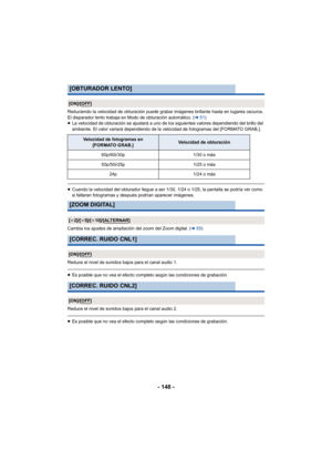 Page 148- 148 -
Reduciendo la velocidad de obturación puede grabar imágenes brillante hasta en lugares oscuros.
El disparador lento trabaja en Modo de obturación automático. (l51)
≥ La velocidad de obturación se ajustará a uno de los siguientes valores dependiendo del brillo del 
ambiente. El valor variará dependiendo de la velocidad de fotogramas del [FORMATO GRAB.].
≥Cuando la velocidad del obturador llegue a ser 1/30, 1/24 o 1/25, la pantalla se podría ver como 
si faltaran fotogramas y después podrían...