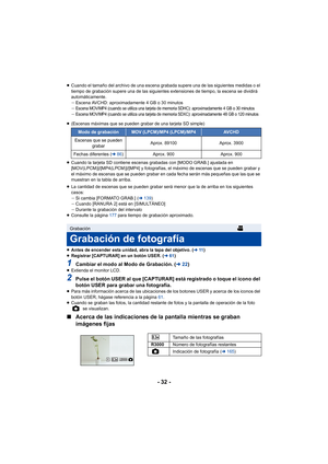 Page 32- 32 -
≥Cuando el tamaño del archivo de una escena grabada supere una de las siguientes medidas o el 
tiempo de grabación supere una de las siguientes extensiones de tiempo, la escena se dividirá 
automáticamente.
jEscena AVCHD: aproximadamente 4 GB o 30 minutos
j
Escena MOV/MP4 (cuando se utiliza una tarjeta de memoria SDHC): aproximadamente 4 GB o 30 minutosjEscena MOV/MP4 (cuando se utiliza una tarjeta de memoria SDXC): aproximadamente 48 GB o 120 minutos
≥ La cantidad de escenas que se pueden grabar...