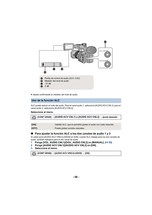 Page 56- 56 -
≥Ajuste confirmando el medidor del nivel de audio.
ALC puede reducir el ruido del audio. Para el canal audio 1, seleccione [AUDIO ACV CNL1]: para el 
canal audio 2, seleccione [AUDIO ACV CNL2].
Seleccione el menú.
∫ Para ajustar la función ALC a los dos canales de audio 1 y 2
Si usted pone [AUDIO ACV VINCULADOS] en [ON], cuando ALC trabaje para los dos canales de 
audio, también trabajará para el otro canal de audio.
1 Ponga [VOL. AUDIO CNL1]/[VOL. AUDIO CNL2] en [MANUAL]. ( l55)
2 Ponga [AUDIO...