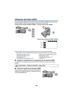 Page 62- 62 -
Utilización del botón USER
Para usar el botón USER de ajuste, presione el botón del USER1 al USER6 o toque el icono del 
botón del USER7 al USER10 que se visualiza cuando toque el monitor LCD.
(Cuando utiliza los botones del USER1 al USER5)(Cuando utiliza el botón USER6)
(Cuando utiliza los botones del USER7 al USER10)
≥Para cancelar, presione el botón USER o toque de nuevo el icono del botón USER.
Para cancelar o usar las siguientes funciones para los botones USER, consulte cada página....