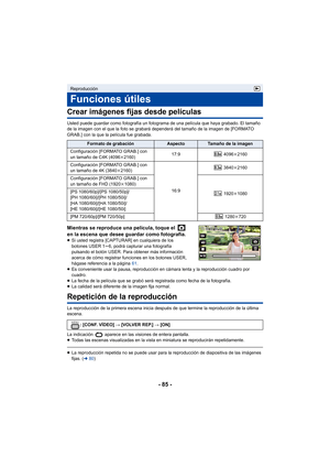 Page 85- 85 -
Crear imágenes fijas desde películas
Usted puede guardar como fotografía un fotograma de una película que haya grabado. El tamaño 
de la imagen con el que la foto se grabará dependerá del tamaño de la imagen de [FORMATO 
GRAB.] con la que la película fue grabada.
Mientras se reproduce una película, toque el   
en la escena que desee guardar como fotografía.
≥Si usted registra [CAPTURAR] en cualquiera de los 
botones USER 1 s6, podrá capturar una fotografía 
pulsando el botón USER. Para obtener más...